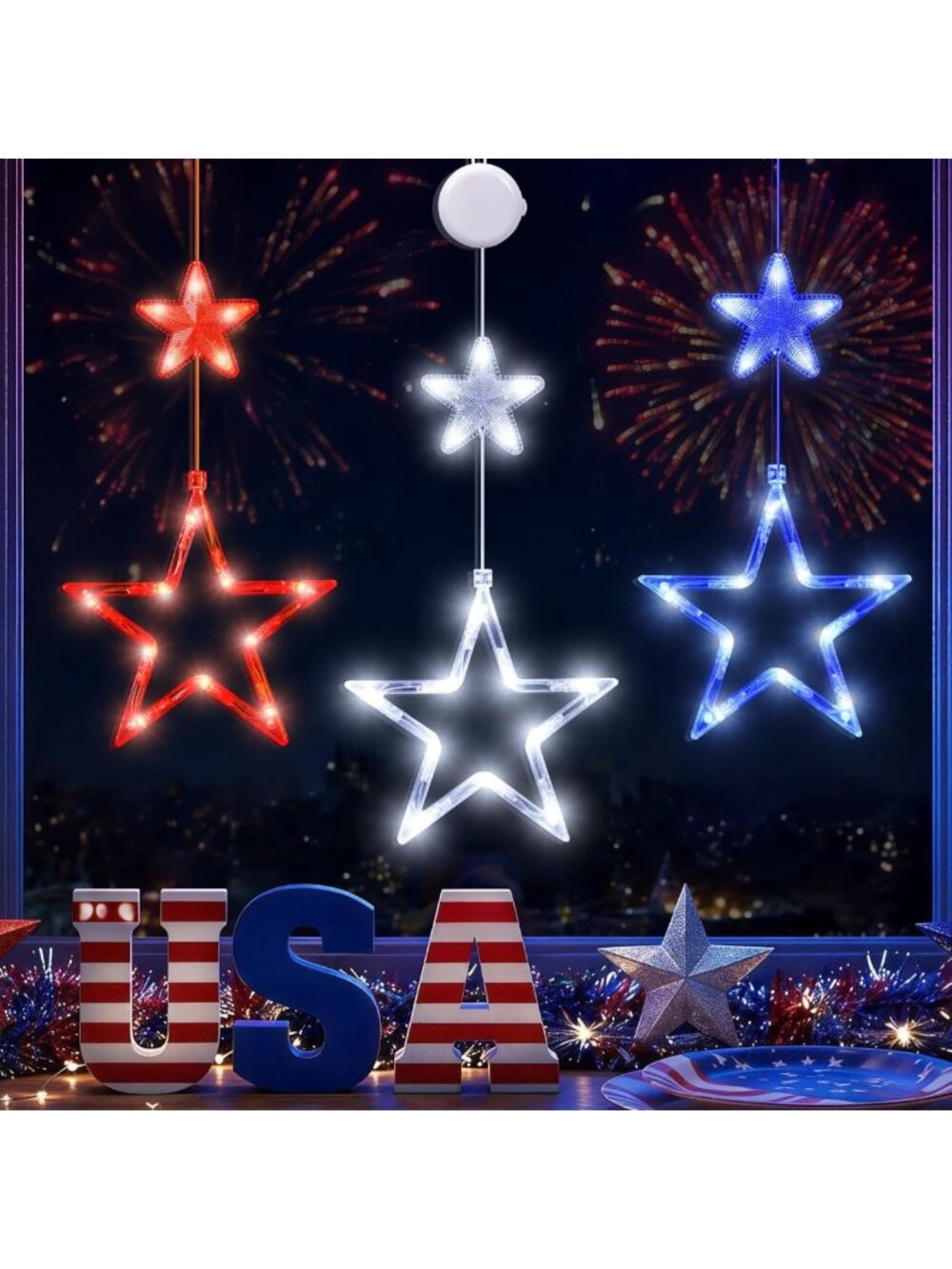 Patriotic 4th of July String Lights - 3 Pack, Battery Operated Red, White & Blue